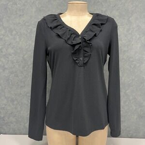 Brooks Brothers‎ Ruffle Neck Top Long Sleeve Blouse Casual Black Size M